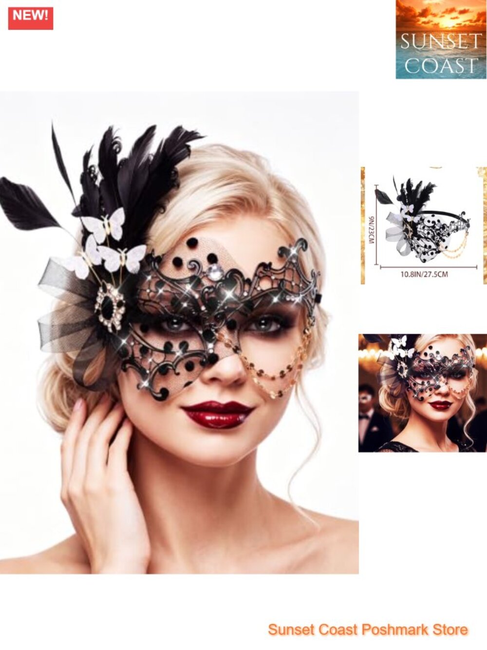 Feather Masquerade Mask Wire Metal Rhinestone Butterfly Venetian Party Mask